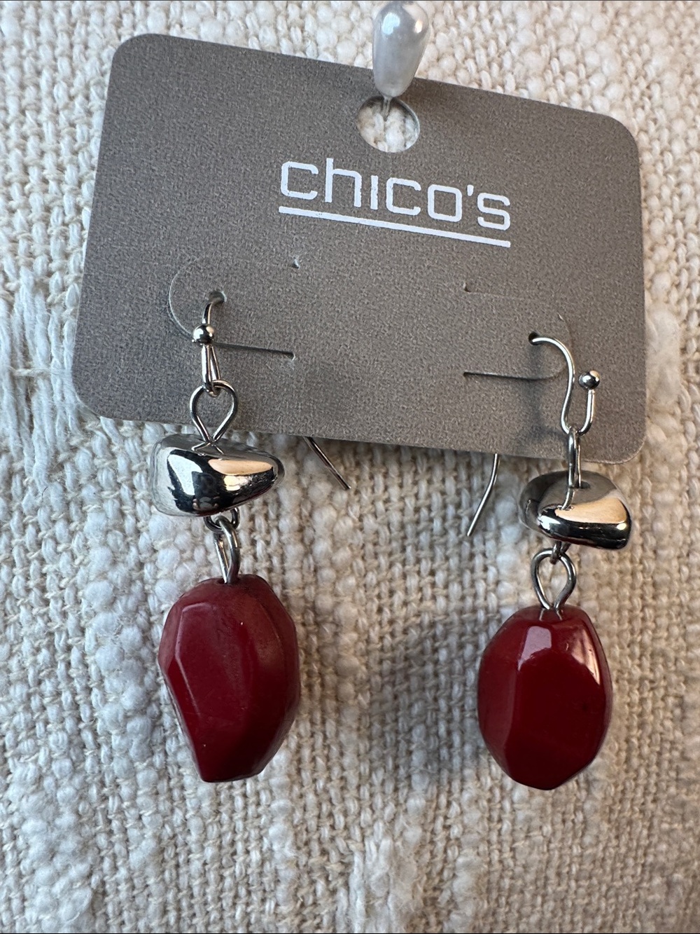 0199-Chico's Silver-Tone Earrings‎ with Wine Red Beads